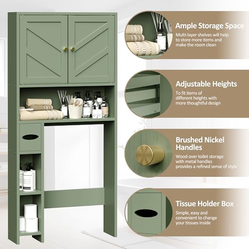 65.4" Over the Toilet Storage Cabinet, 29.1" Wide Bathroom Organizer with Toilet Paper Holder & Adjustable Shelf, Freestanding Space Saving Cabinet for Apartment, Laundry, Green