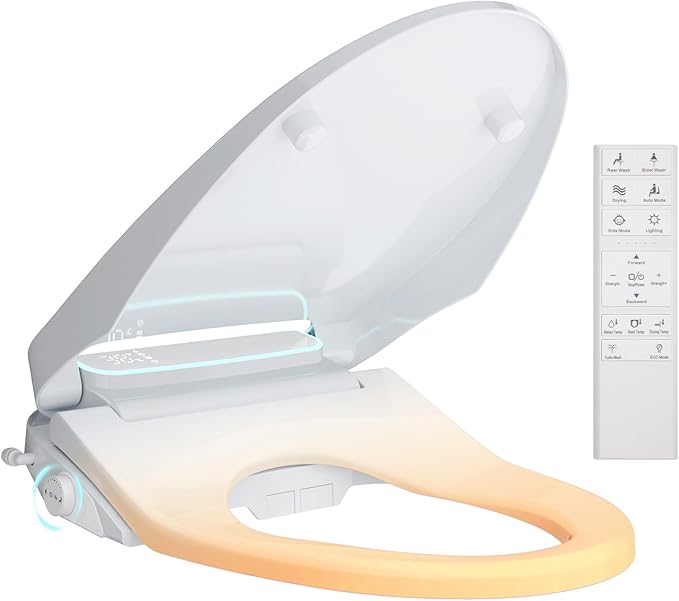 Toilet Bidet Seat, Elongated Toilet Seat Slow Close, Electric Heated Toilet Seat With Instant Warm Water & Dryer, Feminine & Front Rear Wash & Self-Clean Nozzle, Night Light, Air Deodorizer