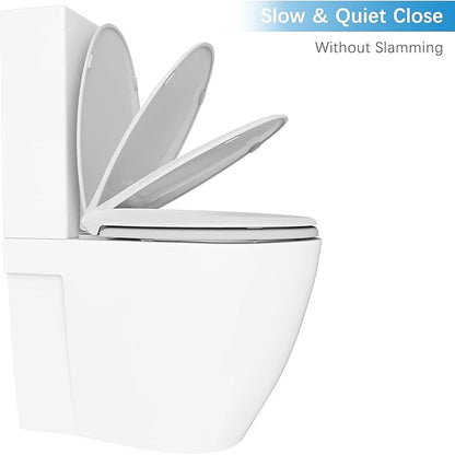 19" Elongated Slow Close Toilet Seat, White Polypropylene Toilet Seat Cover with Never Loosen Durable Lid, Quiet and Easy to Install and Clean
