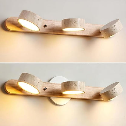 Farmhouse Wood Bathroom Vanity Light Natural Stone Shade | Nordic Style Travertine Linear Bathroom Light Fixture 3 Lights Rotatable LED Wall Light Over Mirror - Natural Wood Color