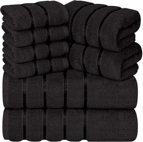 Luxury Towels for Bathroom Set of 8-2 Bath Towels 2 Hand Towels 4 Washcloths - 600 GSM 100% Cotton Ring Spun Viscose Border Towels Set - Black