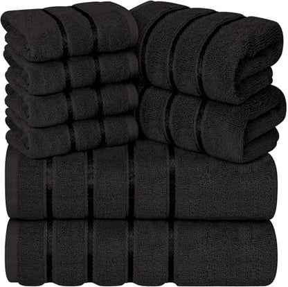 Luxury Towels for Bathroom Set of 8-2 Bath Towels 2 Hand Towels 4 Washcloths - 600 GSM 100% Cotton Ring Spun Viscose Border Towels Set - Black