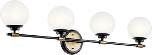 Kichler Benno 4-Light Vanity, Modern Light with Opal Glass in Black and Champagne Bronze, for Bathroom or Powder Room (8.75" x 34"), 55173BKCPZ