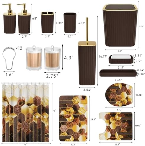 XLHOMO Bathroom Set - 26PC Bathroom Set with Shower Curtain and Rugs, Bathroom Accessory Set, Brown Bathroom Accessories Set, Trash Can & Soap Dispenser