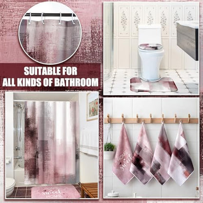 Honoson 8 Pcs Pink and Grey Bathroom Decor Set with Shower Rug and Curtain