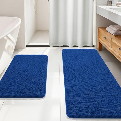 OLANLY Chenille Bathroom Rugs Mats Set 2 Piece, 59"x20"+30"x20", Royal Blue