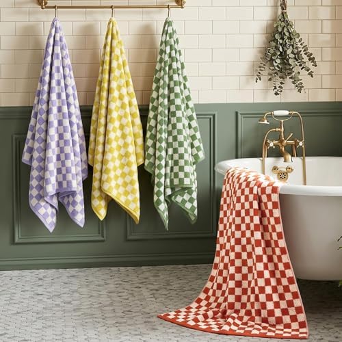 Checkered Bath Towels Set of 4 - Cotton Towels for Bathroom, Beach, Pool