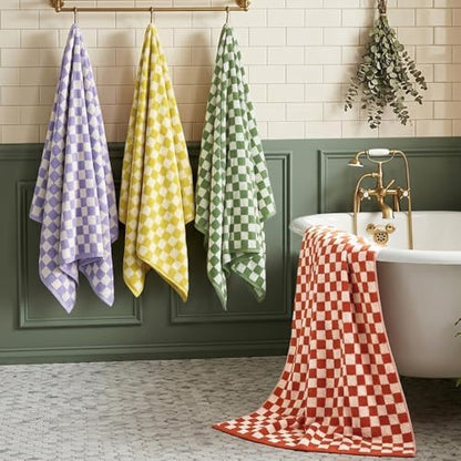 Checkered Bath Towels Set of 4 - Cotton Towels for Bathroom, Beach, Pool