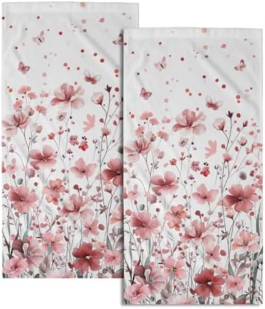 Watercolor Flowers Hand Towel Set of 2, 14x28 Inch Spring Floral with Butterflies and Leaves Absorbent Soft Dish Cloth Towels for Farmhouse Kitchen Bathroom Home Hotel Gym Decor