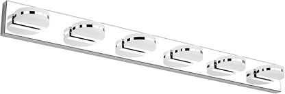 Aipsun 6 Lights Modern Chrome LED Vanity Light Acrylic Stainless Steel Bathroom Wall Light Over Mirror(White Light 6000K)