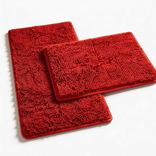 RUN HELIX Bathroom Rugs, Chenille Bath Mat, Non-Slip, Machine Washable Bath Rugs - Ultra Soft Bath Mats, Dries Quickly, Bathroom Rug Set of 2 Red Batroom Mats Set-32x20+24x16 Inch Christmas Rug