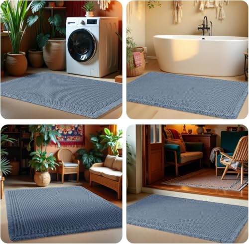 Upgrade Waffle Bath Mat Set 2 Piece, Boho Bathroom Rugs Absorbent Non Slip, Ultra Soft Bathroom Mat, Machine Washable Knit Bath Rugs with Tassels for Bathroom, Bedroom, Kitchen, Shower, Tub, Blue