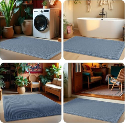 Upgrade Waffle Bath Mat Set 2 Piece, Boho Bathroom Rugs Absorbent Non Slip, Ultra Soft Bathroom Mat, Machine Washable Knit Bath Rugs with Tassels for Bathroom, Bedroom, Kitchen, Shower, Tub, Blue
