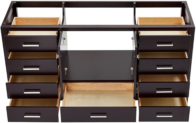 ARIEL Cambridge 66-inch Bathroom Vanity Base Cabinet,Solid Wood, 2 Soft Closing Doors, 9 Dovetail Drawers, Espresso