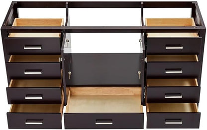 ARIEL Cambridge 66-inch Bathroom Vanity Base Cabinet,Solid Wood, 2 Soft Closing Doors, 9 Dovetail Drawers, Espresso