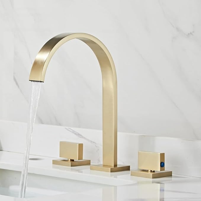 Bathroom Faucet Waterfall, Double Handle, Faucets for Sink Splashback Modern Vanity 3 Holes-Gold(Gold)