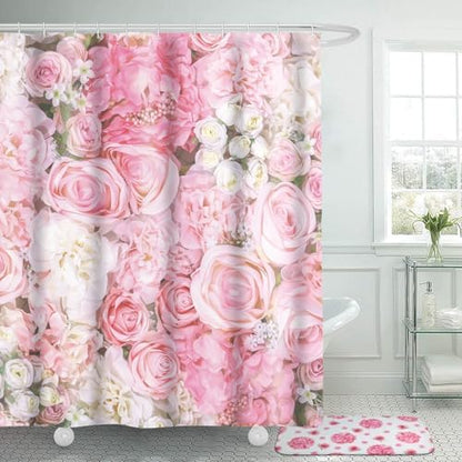 Honoson 8 Pcs Spring Floral Shower Curtain Set with Rugs and Towels