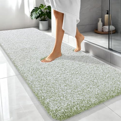 OLANLY Microfiber Bathroom Rugs 70x24, Quick Dry Mat, Sage Green and White