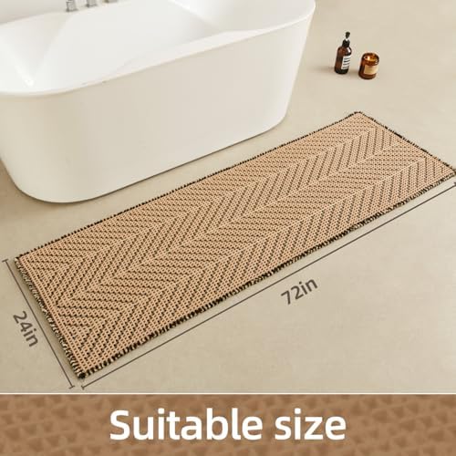 Sunfly Waffle Runner Bath Mat，Long Bathroom Rugs Non Slip Washable, Ultra Soft Super Absorbent Quick Dry Boho Farmhouse Bathroom Decor, 24" x 72", Black &Khaki