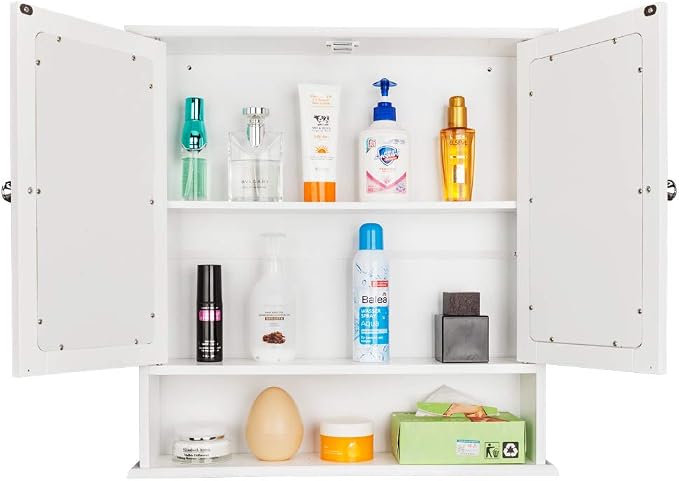 Karl home White Wall Mounted Medicine Cabinet, 2 Mirror Door Bath Storage | 22" L x 5.1" W x 22.8" H Wooden Cabinet with Adjustable Shelves and Bottom Shelf for Bathroom, Living Room, Entryway