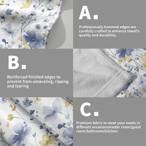 Blue Floral Hand Towels 14x28 Inch Grey Yellow Watercolor Flower Absorbent Microfiber Soft Dish Washing Cloth Face Tea Towel for Home Hotel Gym Laundry Room Kitchen Bathroom Decor