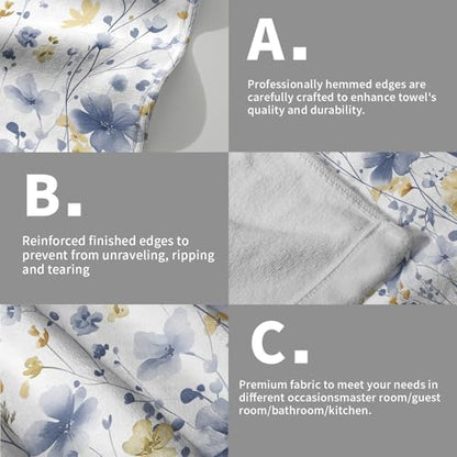 Blue Floral Hand Towels 14x28 Inch Grey Yellow Watercolor Flower Absorbent Microfiber Soft Dish Washing Cloth Face Tea Towel for Home Hotel Gym Laundry Room Kitchen Bathroom Decor