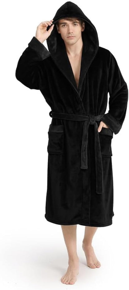 Yurhap Luxury Mens Robe with Hood, Ultra Cozy Fleece Bathrobe for Men, Plush Hooded Robe with Belt & 2 Pockets