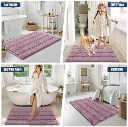 Grandaily Chenille Striped Bathroom Rugs 24x16, Extra Thick and Soft Absorbent Bath Mats, Rubber Backing, Plush Shaggy Shower Carpet, Machine Wash Dry, Bath Rug for Bathroom, Deep Plum