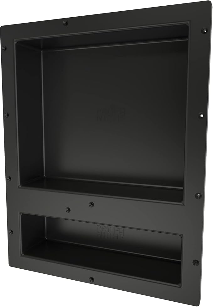 Tile Redi USA Niche Double Recessed Shower Shelf – Black, Two Inner Shelves with Divider, 16-Inch Width x 20-Inch Height x 4-Inch Depth (RN1620D-BI)