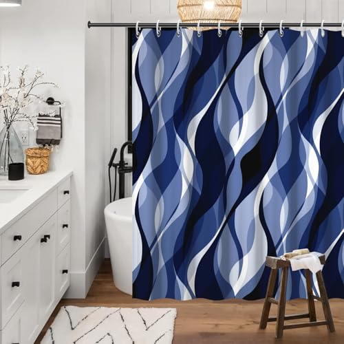 Navy Blue Striped Shower Curtain Extra Wide 108x72 inch 18 Hooks