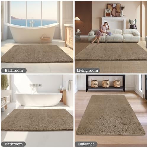 Yeaban Chenille Taupe Bathroom Rug 36"x60",Non-Slip Rubber Backing