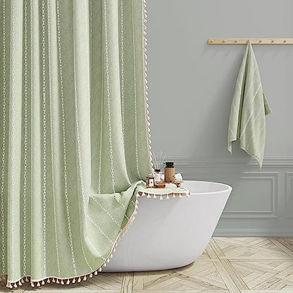 BTTN 72x84 Long Boho Farmhouse Linen Heavy Duty Shower Curtain, Sage Green