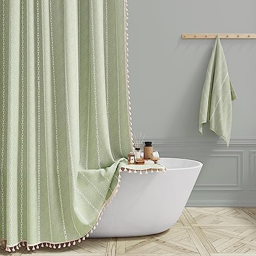 BTTN 60x72 Boho Farmhouse Linen Heavy Duty Shower Curtain Set, Sage Green