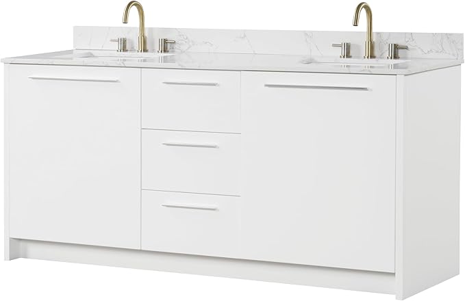 Nona 72" Solid Wood Double Sink Bathroom Vanity | Marble Countertop & Backsplash | Soft Closing Doors & Drawers | Nickel Brushed Handles | White Cabinet Undermount Ceramic Sink Top | Pre-Assembled