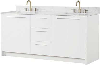 Nona 72" Solid Wood Double Sink Bathroom Vanity | Marble Countertop & Backsplash | Soft Closing Doors & Drawers | Nickel Brushed Handles | White Cabinet Undermount Ceramic Sink Top | Pre-Assembled