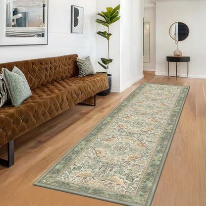 Vintage Sage Runner Rugs for Hallways - Light Green 2x10 Kitchen Runners, 10 ft Long Entryway Rug, Botanical Boho Pattern with Flowers and Leaves, Washable Non Slip Low Pile