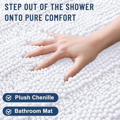 Grandaily Chenille Striped Bathroom Rugs 47x20, Extra Thick and Soft Absorbent Bath Mats, Rubber Backing, Plush Shaggy Shower Carpet, Machine Wash Dry, Bath Rug for Bathroom, Solid White