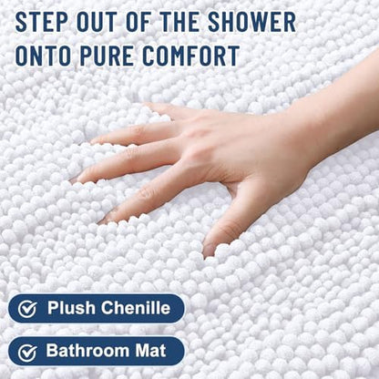 Grandaily Chenille Striped Bathroom Rugs 47x32, Extra Thick and Soft Absorbent Bath Mats, Rubber Backing, Plush Shaggy Shower Carpet, Machine Wash Dry, Bath Rug for Bathroom, Solid White