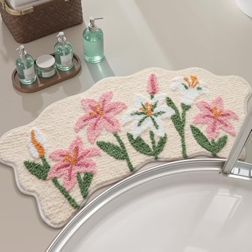 Cloud-Shaped Lily Bath Mat, Soft Non-Slip Fluffy Fresh Flowers Bathroom Rug, Ultra Absorbent Microfiber Shaggy Door Mat, Machine Washable Bath Rug Carpet for Bathtub Bedroom 18x39 Inch (Pink Lily S)