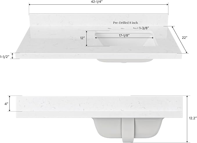 ARIEL 42 inch Bathroom Vanity top with Sink, 1.5 Inch Thick Miter Edge Carrara White Quartz top, Right Offset Vanity top with Rectangle Porcelain Sink, Includes Backsplash
