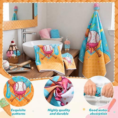 Moukeren Set of 3 Ice Cream Drip Baseball Bath Towels, Decorative Towels
