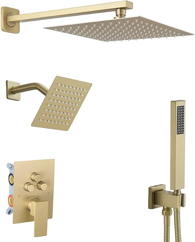 Shower Faucet Set Brushed Gold 10 Inch Wall Mount Rainfall Shower System with 2 Rain Shower Head and Handheld Head Push Button Diverter Shower Trim Kit and Rough-in Valve Body