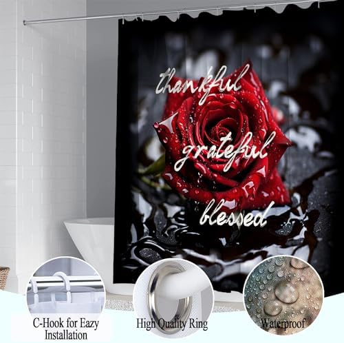 4Pcs Romantic Red Rose Bathroom Shower Curtain Sets, Waterproof Fabric Floral Bathroom Sets with Shower Curtain and Rugs Toilet Lid Cover Bath Mat, Retro Flower Home Decor Sets
