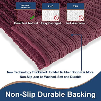 Luxury Chenille Burgundy Bathroom Rugs Sets 2 Piece, Thickened Hot Melt Rubber Bottom Bath Mats for Bathroom Non Slip,Bath Rugs Quick Dry Machine Washable for Shower Mat (32"x20"+17"x24")