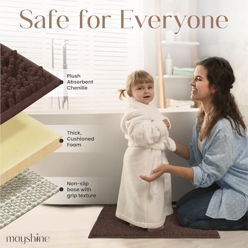 MAYSHINE Small Plush Shaggy Chenille Bath Mat 24"x17" Extra Soft, Super Absorbent, Non-Slip Bathroom Rug | Fluffy Microfiber, Area Rug Sets for Bathroom Floor, Kitchen, Living Room | Brown