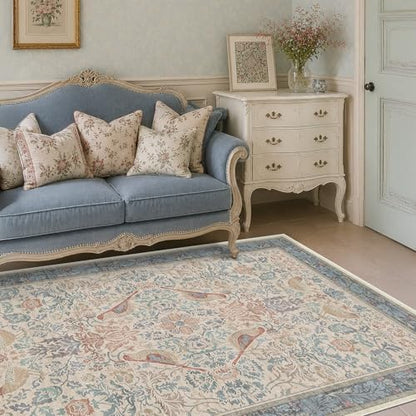Hazo Haus Soft Red Blue Floral Area Rug 5x7 for Living Room - Machine Washable Rugs for Reading Corner, Kitchen Floor, Small Office, Low Pile Non-Slip Rubber Backing & Stain Resistance