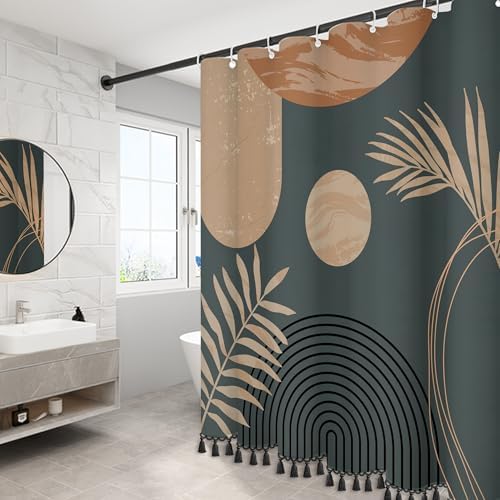 Boho Mid Century Leaf Shower Curtain Set,Arch Sun Design,Minimalistic Leaves Pattern,Waterproof and Luxurious Fabric-12 Hooks(Brown-72" x 78")