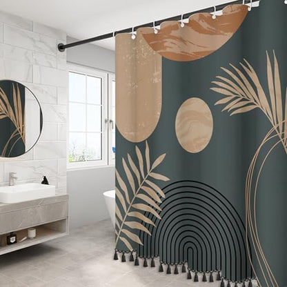 Boho Mid Century Leaf Shower Curtain Set,Arch Sun Design,Minimalistic Leaves Pattern,Waterproof and Luxurious Fabric-12 Hooks(Brown-72" x 78")