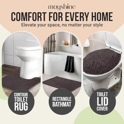Standard 3pc Set Chenille Bath Mats, Includes 21"x24" U-Shaped Contour Toilet Rug, 21"x34" Inches Bathmat and 1 Toilet Lid Cover, Plush Absorbent Bath Mats Quick Dry, Chocolate Brown