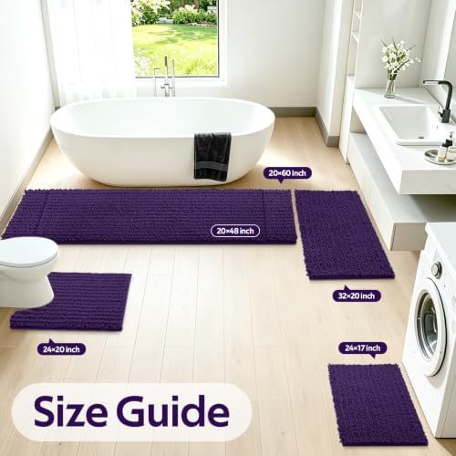 Upgrade Luxury 2 Piece Dark Purple Toilet Bathroom Rug Mat U Shape 24"x20"+48"x20", Ultra Soft Thick Absorbent Bath Mats, Non Slip Chenille Toilet Mat for Bathroom, Bedroom, Kitchen, Shower, Tub
